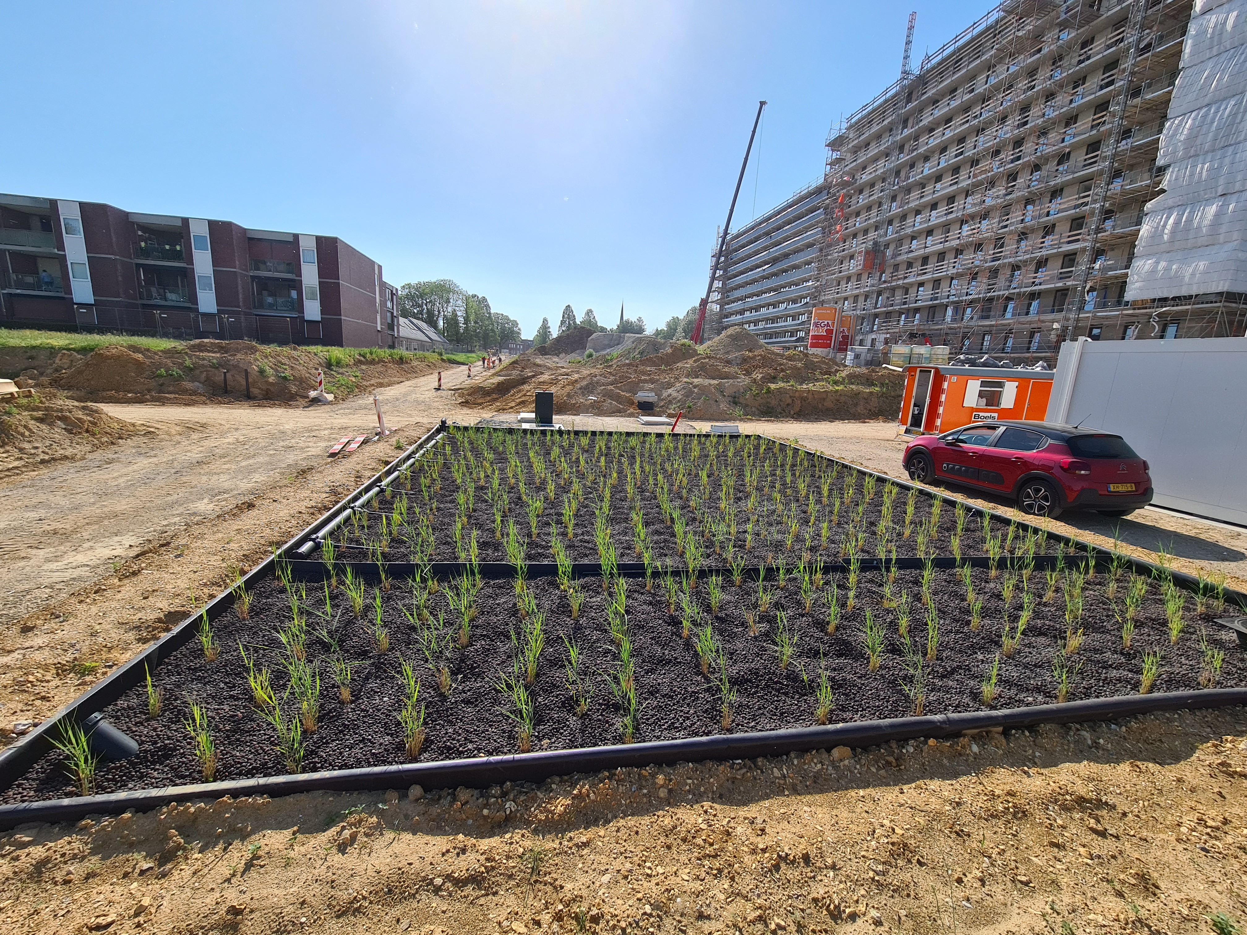 Helofytenfilter voor zuivering grijs water met aangesloten woningen en flat in aanbouw_20210617_093607