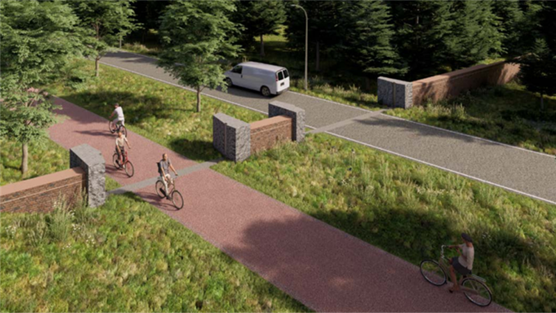 Illustratie van ontwerp coupure bij de schans met fietsers over het fietspad