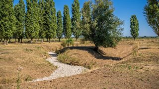 Een drooggevallen beekbedding slingert door een dor, geelbruin graslandschap.